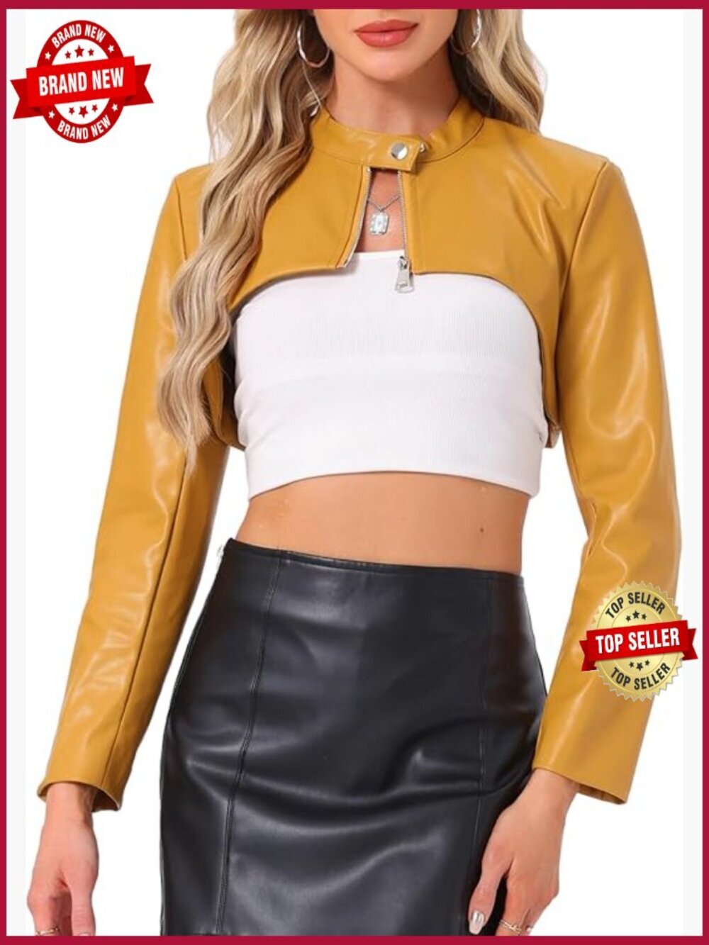 Faux Leather Cropped Moto Biker Jacket with Stand Collar